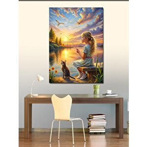 Kanvas Tablo Kumsaldaki Çocuk Ve Kedi 100x140 cm
