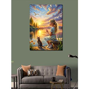 Kanvas Tablo Kumsaldaki Çocuk Ve Kedi 100x140 cm