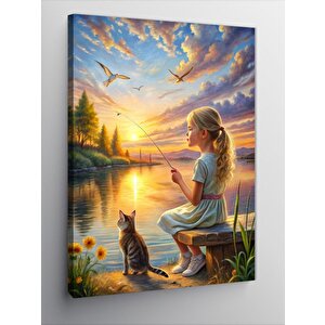Kanvas Tablo Kumsaldaki Çocuk Ve Kedi