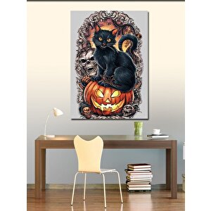 Kanvas Tablo Hallowen Siyah Kedi Bal Kabağı 100x140 cm
