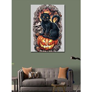 Kanvas Tablo Hallowen Siyah Kedi Bal Kabağı 100x140 cm