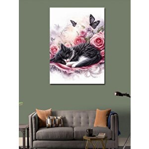 Kanvas Tablo Pembe Çiçekler Ve Uyuyan Kedi 100x140 cm