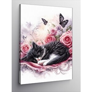 Kanvas Tablo Pembe Çiçekler Ve Uyuyan Kedi