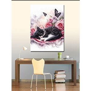 Kanvas Tablo Pembe Çiçekler Ve Uyuyan Kedi