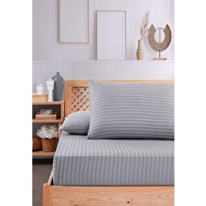 Pamuklu Çizgili Saten Çift Kişilik Lastikli Çarşaf Takımı 180x200 Cm 2 Adet Yastık Kılıfı 50x70 Cm