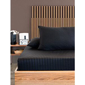 Pamuklu Çizgili Saten Çift Kişilik Lastikli Çarşaf Takımı 180x200 Cm 2 Adet Yastık Kılıfı 50x70 Cm