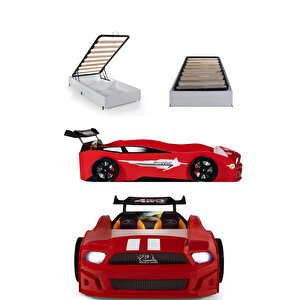 Kırmızı Bazalı Arabalı Yatak Sport Mustang Işıklı