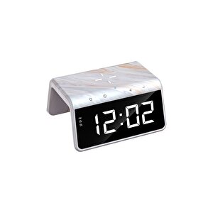 W320 Hızlı Wireless Şarj, Saat Ve Gece Lambası (fast 15w) - Mermer Desenli Bej