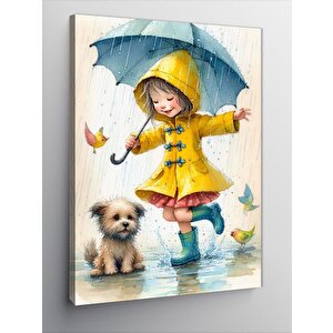 Kanvas Tablo Sarı Yağmurluklu Kız Çocuğu 100x140 cm
