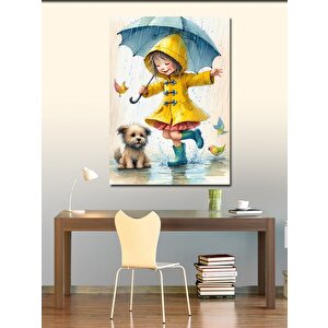 Kanvas Tablo Sarı Yağmurluklu Kız Çocuğu 100x140 cm