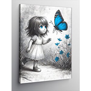 Kanvas Tablo Mavi Kelebek Ve Siyah Beyaz Çocuk 70x100 cm