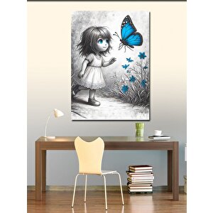Kanvas Tablo Mavi Kelebek Ve Siyah Beyaz Çocuk 70x100 cm