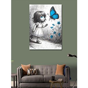 Kanvas Tablo Mavi Kelebek Ve Siyah Beyaz Çocuk 70x100 cm