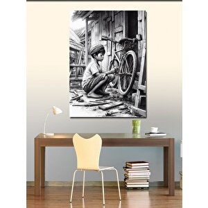 Kanvas Tablo Bisikletiyle İlgilenen Çocuk 70x100 cm
