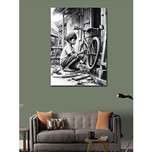 Kanvas Tablo Bisikletiyle İlgilenen Çocuk 100x140 cm