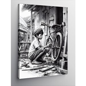 Kanvas Tablo Bisikletiyle İlgilenen Çocuk