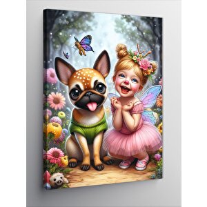 Kanvas Tablo Pembe Elbiseli Çocuk Ve Köpeği 100x140 cm