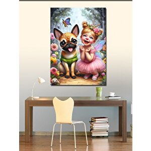 Kanvas Tablo Pembe Elbiseli Çocuk Ve Köpeği 100x140 cm