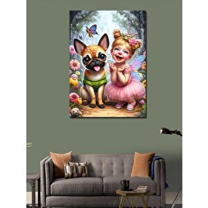 Kanvas Tablo Pembe Elbiseli Çocuk Ve Köpeği 100x140 cm