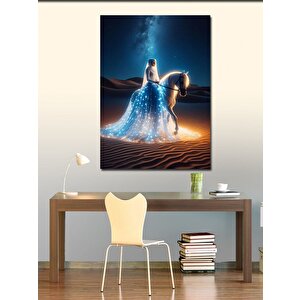 Kanvas Tablo Çöldeki  Beyaz Elbiseli Kadın Ve Atı 70x100 cm