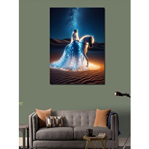 Kanvas Tablo Çöldeki  Beyaz Elbiseli Kadın Ve Atı 70x100 cm