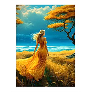 Buğday Tarlası Ve Sarı Elbiseli Kadın Modern Ahşap Tablo 25cmx 35cm 25x35 cm