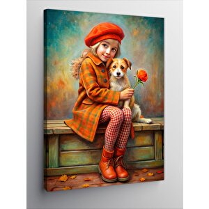 Kanvas Tablo Turuncu Paltolu Kız Ve Köpeği 70x100 cm
