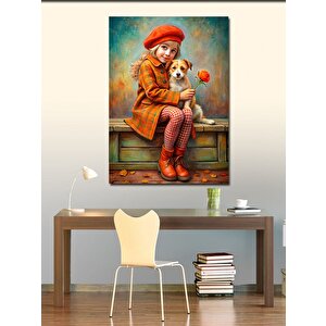 Kanvas Tablo Turuncu Paltolu Kız Ve Köpeği 70x100 cm