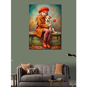 Kanvas Tablo Turuncu Paltolu Kız Ve Köpeği 70x100 cm