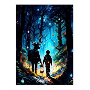 Geyik Ve Çocuk Noel'de Orman Art Mdf Tablo 25cmx 35cm 25x35 cm