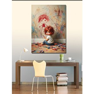 Kanvas Tablo Duvara Resim Yapan Çocuk