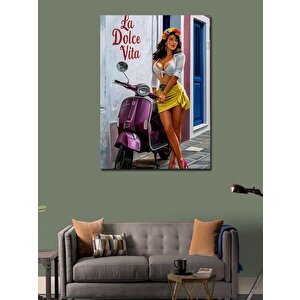 Kanvas Tablo Mor Scooter Ve Sarı Etekli Kadın 100x140 cm