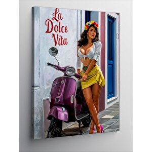 Kanvas Tablo Mor Scooter Ve Sarı Etekli Kadın 70x100 cm