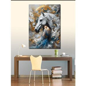 Kanvas Tablo Desenli Beyaz At Ve Elbiseli Kadın 100x140 cm
