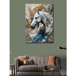 Kanvas Tablo Desenli Beyaz At Ve Elbiseli Kadın 100x140 cm