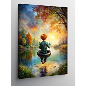 Kanvas Tablo Manzarada Salıncakta Sallanan Çocuk 70x100 cm