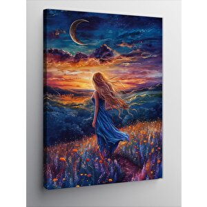 Kanvas Tablo Mavi Elbiseli Kadın Ve Tarla 70x100 cm