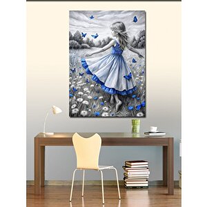 Kanvas Tablo Mavi Elbise Çocuk Ve Kelebekler 100x140 cm
