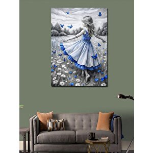 Kanvas Tablo Mavi Elbise Çocuk Ve Kelebekler 100x140 cm