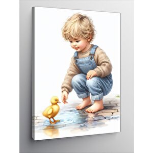 Kanvas Tablo Yavru Ördekle Oynayan Çocuk