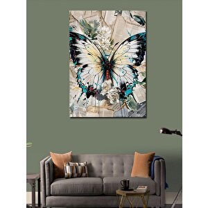 Kanvas Tablo Gazete Sayfaları Ortasında Kelebek 100x140 cm