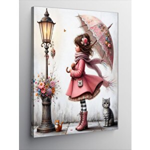 Kanvas Tablo Pembe Şemsiyeli Kız