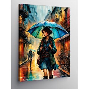 Kanvas Tablo Mavi Şemsiyeli Genç Kız 70x100 cm