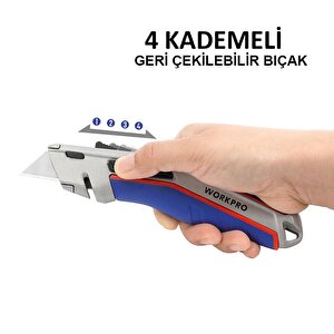 Workpro Wp213015 Ağır Hizmet Alüminyum Gövde Otomatik Geri Çekilebilir Rötuş Maket Bıçağı + 5 Adet Yedek Bıçak