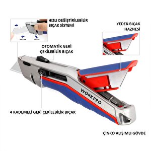 Workpro Wp213015 Ağır Hizmet Alüminyum Gövde Otomatik Geri Çekilebilir Rötuş Maket Bıçağı + 5 Adet Yedek Bıçak
