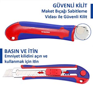 Workpro Wp212011 18mm Ağır Hizmet Paslanmaz Çelik Kasa Yedek Kartuşlu Maket Bıçağı + 4 Adet Yedek Bıçak