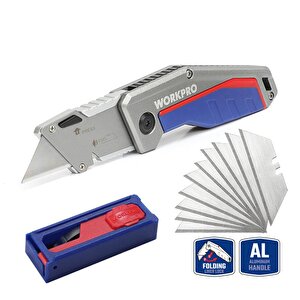 Workpro Wp211012 Ağır Hizmet Alüminyum Gövde Katlanır Rötuş Maket Bıçağı + 10 Adet Yedek Bıçak