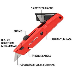 Workpro Wp213009 Ağır Hizmet Alüminyum Gövde Geri Çekilebilir Rötuş Maket Bıçağı + 5 Adet Yedek Bıçak
