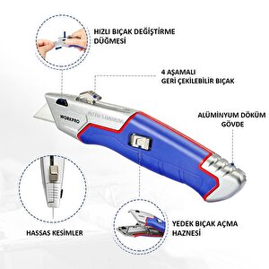 Workpro Wp213012 Ağır Hizmet Alüminyum Gövde Geri Çekilebilir Rötuş Maket Bıçağı + 4 Adet Yedek Bıçak