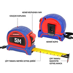 Workpro Wp261041 5mx25mm Naylon Kaplama Sarı Çift Taraflı Manyetik Çelik Şerit Metre